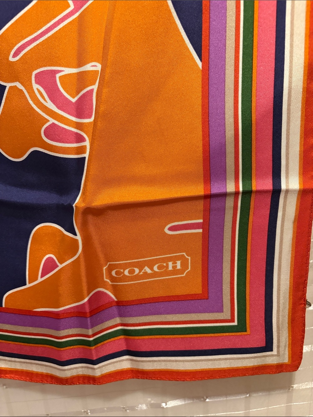 Coach Colorful Pop Art Equestrian Silk Scarf - Orange, Purple, Pink, Green, Navy
